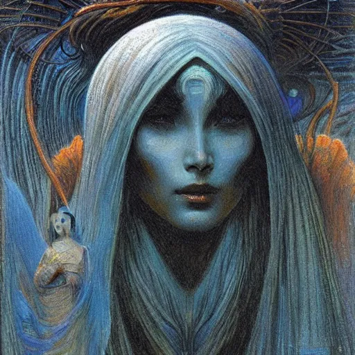 Prompt: a painting of female alien from planet trip by gustav moreau, jean delville and  Gaston Bussiere