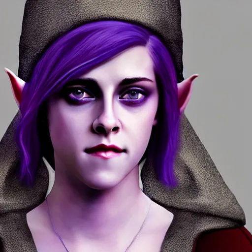 Image similar to Kristen Stewart as a smiling Elf wizard with white-hair and purple-skin. Photorealistic digital art trending on artstation, artgem, 4k HD.