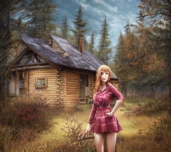 Image similar to a beautiful girl In front of the cabin, the country, by Artgerm Lau，hyperdetailed, trending on artstation, trending on deviantart