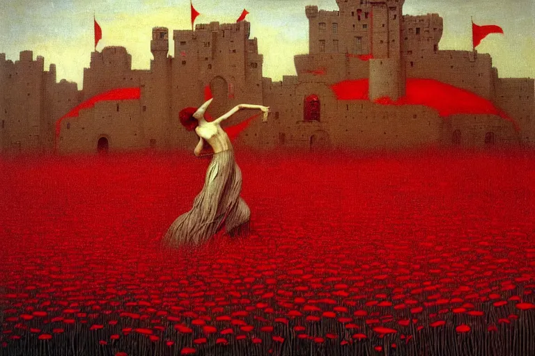 Image similar to only with red, red flowers of different types, a red tiger, a castle in the background, medieval demons dance over the flowers, an ancient path, in the style of beksinski, part by hopper, part by rodcenko, part by hofbauer, intricate composition, red by caravaggio, insanely quality, highly detailed, masterpiece, red light, artstation