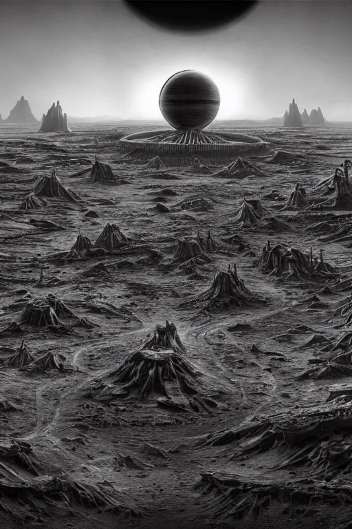 Image similar to landscape abandoned alien structure on exoplanet, black mos eisley designed by giger, wrecked skeletal technology, dark clouds, surreal abandoned buildings, dream-like heavy atmosphere, baroque painting, beautiful detailed intricate insanely detailed octane render trending on Artstation, 8K artistic photography, photorealistic, dramatic volumetric cinematic light, chiaroscuro, award-winning photograph, masterpiece, Raphael, Caravaggio, Beksinski, Giger