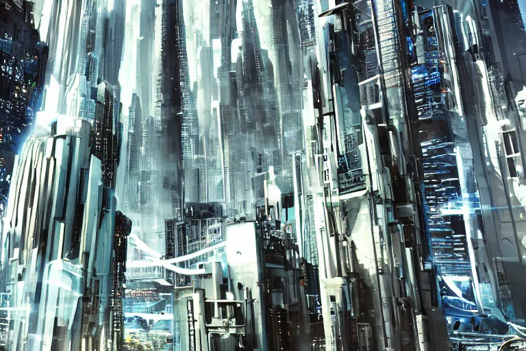 Image similar to A futuristic cyber-city as viewed from street level.