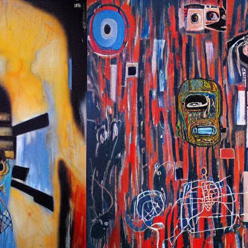 Image similar to beautiful sunrise oil painting by klimt and graffiti by Jean-Michel Basquiat in airbrush by H.R. Giger