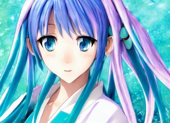 Image similar to profile of hatsune miku, in cinematic and heterochromia. ; weekly shonen jump issue 1 4, cover, 2 0 0 0 clannad shuffle toheart event'anime pattern of illustration japanese very very beautiful cute girls doing cute things trending on artstation pixiv makoto shinkai smiling super detailed eyes eyebrowless symmetry face visual novel hairpin star