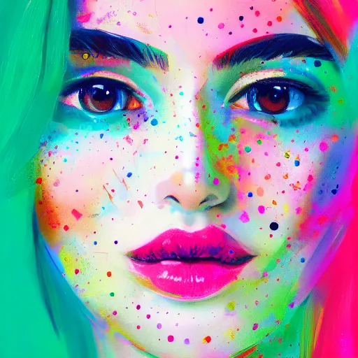 Image similar to beautiful face of girl in style spotty pointism, super bright colors, colored spots, mixed liquid acrylic, painting come to life, artstation, ultradetail