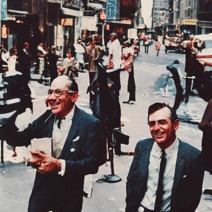 Prompt: portrait of a happy man in a suit in the streets of new york, 1 9 6 0 s, colour film street photography, photo taken with ektachrome, featured on flickr, photographed on damaged film