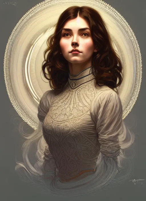 Prompt: symmetrical, full body portrait of a woman with short wavy hair, round face, cottagecore!!, lake, intricate, elegant, highly detailed, digital painting, artstation, concept art, smooth, sharp focus, illustration, art by artgerm and greg rutkowski and alphonse mucha