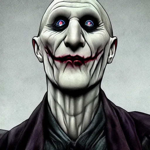 Prompt: voldemort as the joker, highly detailed, photorealistic, hyper detailed