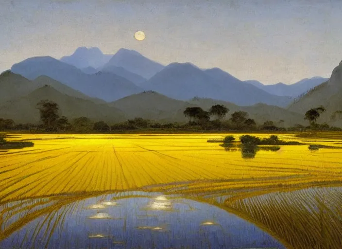 Prompt: painting of a rice paddy with two big mountains in the background, a wide asphalt road divides paddy field in the middle composition, big yellow sun rising between 2 mountains, old master masterpiece