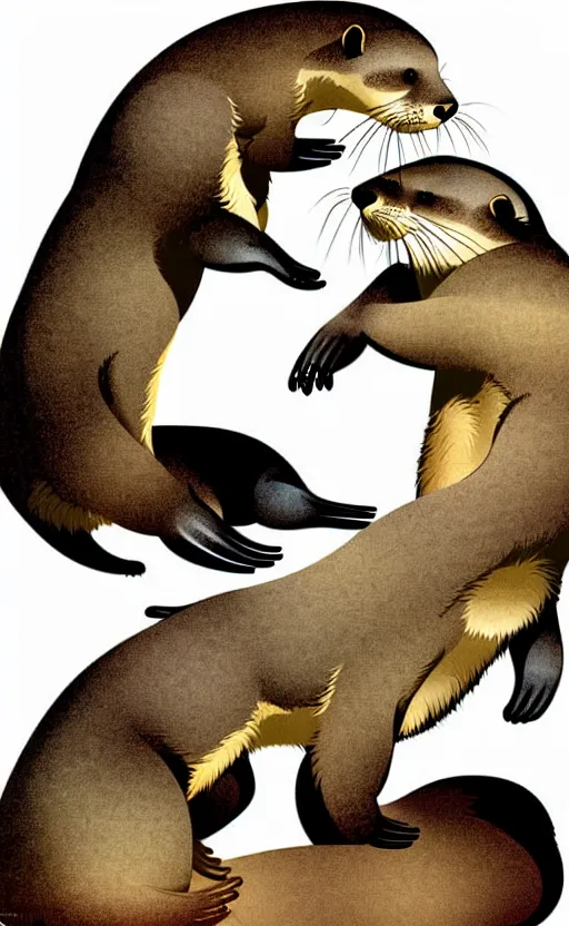 Image similar to otters playing with one another wide angle shot, white background, vector art, illustration by frank frazetta