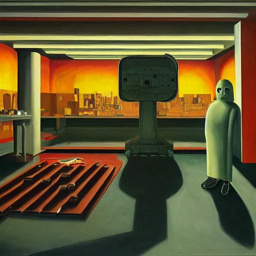 Image similar to evil lair, cyborg mastermind, mind control facility, dystopian, pj crook, edward hopper, oil on canvas