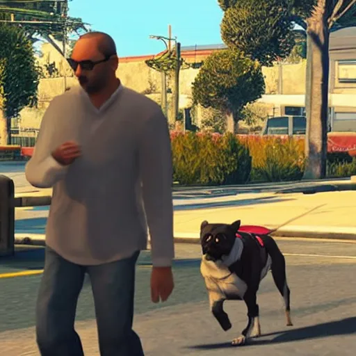 Prompt: A random man walking with a dog in the style of GTA 5