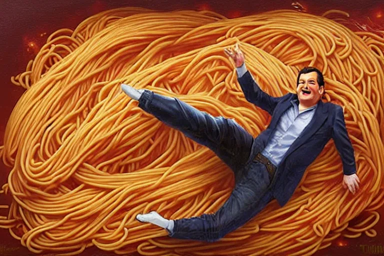 Prompt: portrait of ted cruz rolling around in spaghetti, an oil painting by ross tran and thomas kincade