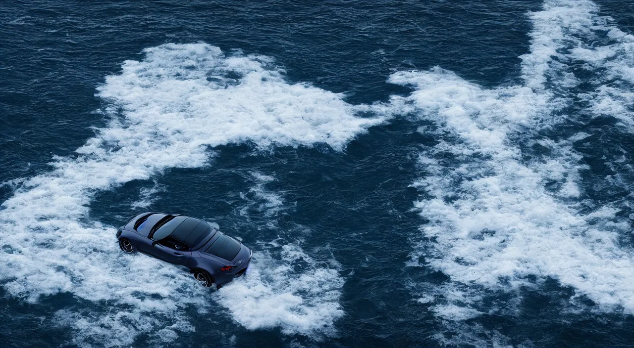 Prompt: mazda miata driving ontop of the ocean, giant wave, realistic, detailed, contrast, 4 k