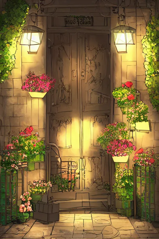 Image similar to a little flower shop's front gate, refreshing, digital illustration, pixiv, dramatic lighting