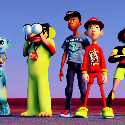 Prompt: a cinematic film still from a 2001 Pixar movie about a teenage rap group, aesthetic, in the style of Pixar, shallow depth of focus