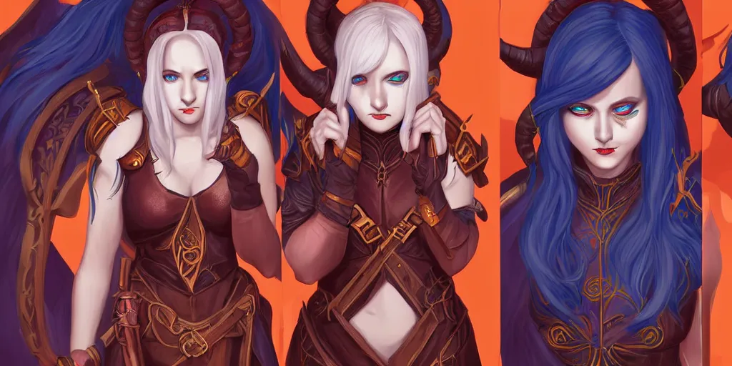 Prompt: triptych of youthful female feminine horned tiefling female bard with long bob cut blue hairstyle, her skin is orange and pale, and her eyes are pure black orbs, and she is wearing colorful leather armor by rossdraws,