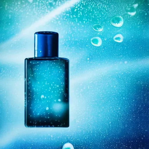 Image similar to advertisement for a blue perfume bottle surrounded by turquoise water droplet and galactic waves, textless, lonely world still shining through faintly rainbow led lights, beautiful surreal scenery artwork, soul dust, unthinkable dream sublime god lighting, sun rays, cold colors, insanely detailed, artstation!! pixiv!! infinitely detailed