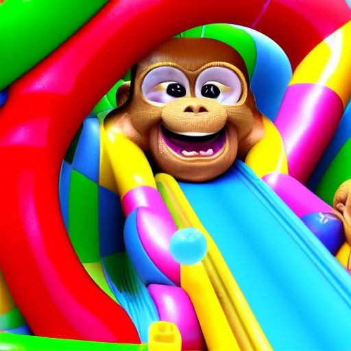 Image similar to multicolor 3 d render of happy monkey sliding down a waterslide by @ combrisi in 4 k ultra high resolution, with funny feeling