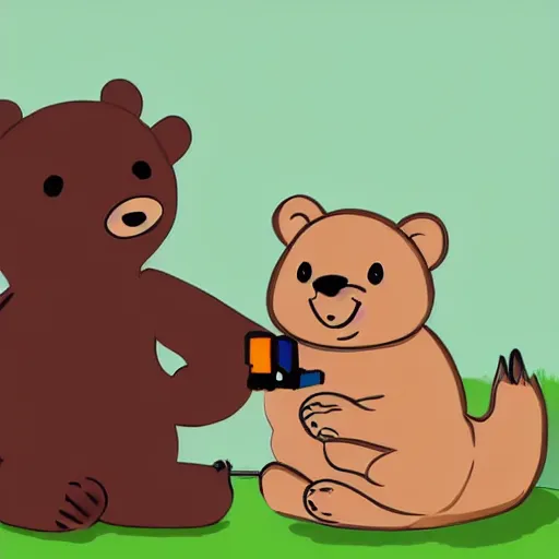 Image similar to a real bear playing with a doll's toy.. cartoon. digital art. high quality. high fidelity. cute.