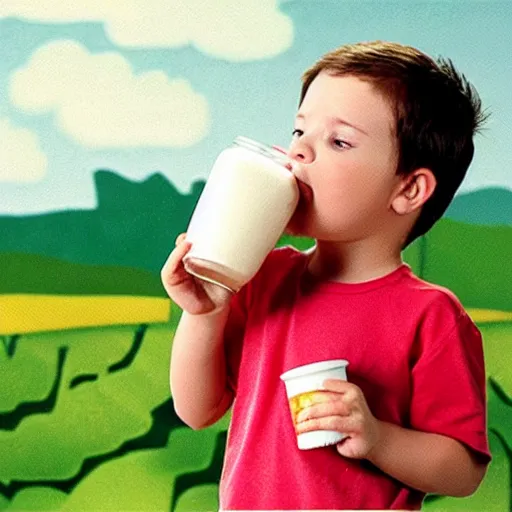 Image similar to milk commercial, kid is holding a comically huge vessel of milk and failing to drink it