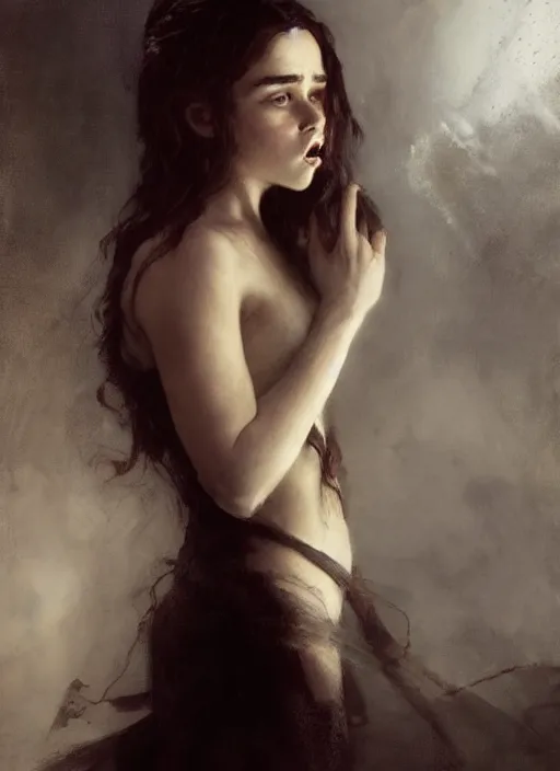 Image similar to young emilia clarke vampire, mouth open bite, staring seductively, detailed by gaston bussiere, bayard wu, greg rutkowski, giger, maxim verehin, greg rutkowski, masterpiece, sharp focus, cinematic lightning