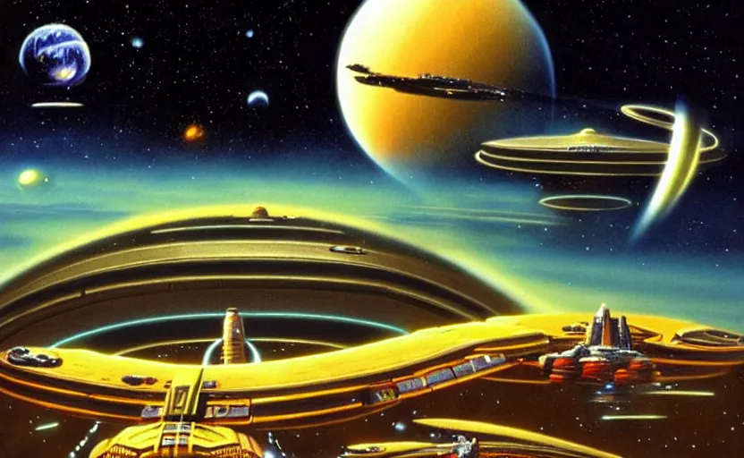 Prompt: ringworld city amazing spaceships, painting movie poster art by chris foss and weta studio, and lucasfilm, colours black and gold