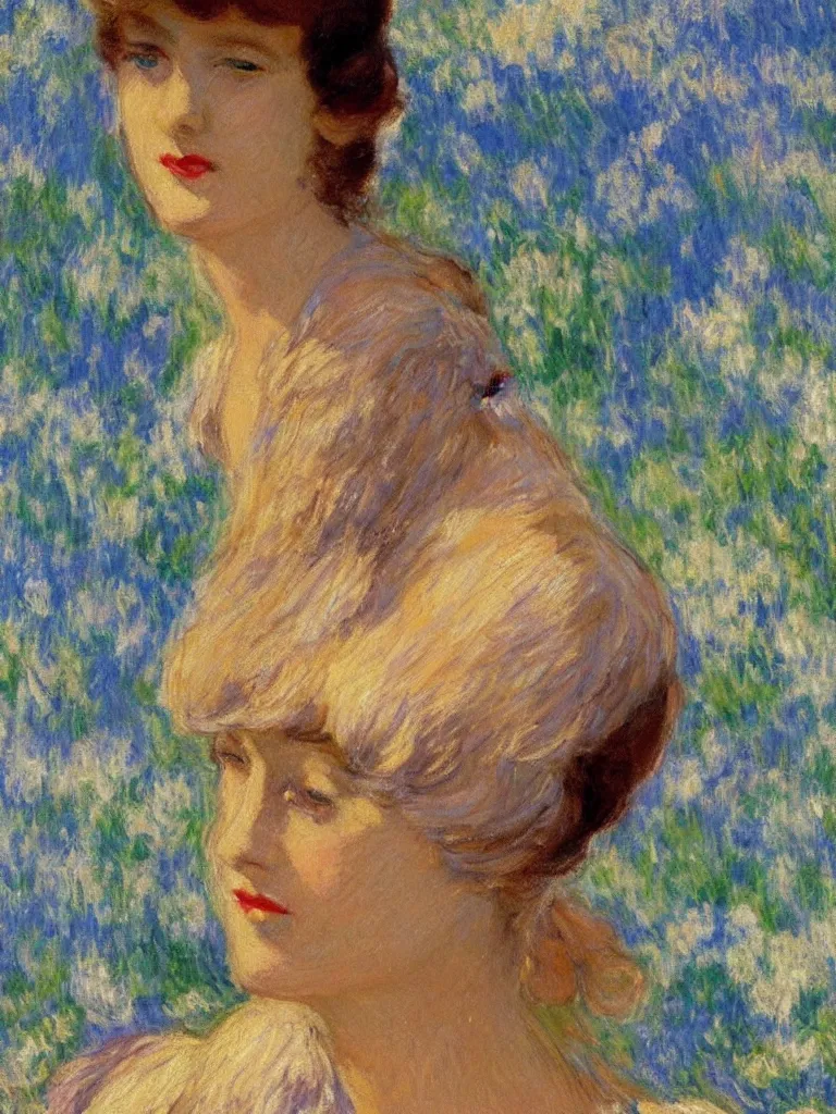 Image similar to portrait of < zelda fitzgerald > as a beautiful young lady wearing 1 9 2 0 s fashion, blurry face, brown hair, slim, fair, severe out of focus, depth of field, pleinairism, in the sun, backlit, closeup, oil on canvas, atr by monet, in the style of le promenade, smooth, impressionnisme, 8 k