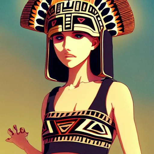 Image similar to beautiful boyish natalie portman alluring gravure model, wearing aztec wooden mask helmet cap and leotard, elegant bulky aztec football gear subtle mayan patterns, elegant aztec bathing suit, gapmoe yandere grimdark, trending on pixiv fanbox, painted by greg rutkowski makoto shinkai takashi takeuchi studio ghibli, akihiko yoshida