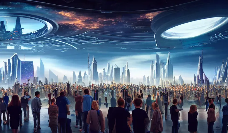 Image similar to crowd of people in large open museum, looking at hologram of futuristic city on a table, cinematic concept art, godrays, golden hour, natural sunlight, 4 k, clear details, tabletop model buildings, center model buildings, hologram center, crane shot, wide shot, high shot