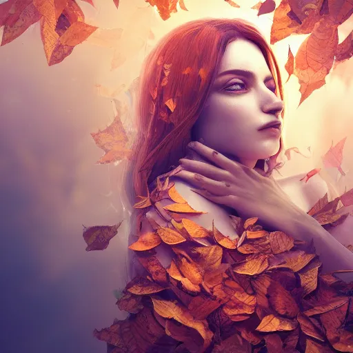 Image similar to a highly detailed digital image of a young woman surrounded and engulfed in leaves, matte background, artstation, detailed woman, stunning volumetric lighting, elegant, fantasy, 4k