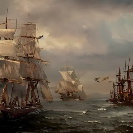 Prompt: masterpiece painting of a a xix century port with a white sails and crimson hull, three mast brigantine pirate ship docked, by greg rutkowski and noah bradley, trending on artstation