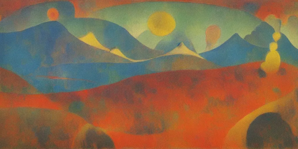 Image similar to An insane, modernist landscape painting. Wild energy patterns rippling in all directions. Curves, organic, zig-zags. Mountains, clouds. Rushing water. Waves. Psychedelic dream world. Odilon Redon. Tarsila do Amaral.