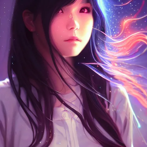 Image similar to a beautiful girl with long dark hair, going through a portal between worlds, intricate, highly detailed, digital painting, artstation, official media, anime key visual, concept art, rich vivid colors, ambient lighting, sharp focus, illustration, art by Artgerm, Makoto Shinkai, Ilya Kuvshinov, Lois Van Baarle, and Rossdraws