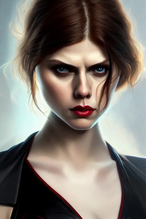 Image similar to alexandra daddario as black widow, realistic portrait, symmetrical, highly detailed, digital painting, artstation, concept art, smooth, sharp focus, illustration, cinematic lighting, art by artgerm and greg rutkowski and alphonse mucha