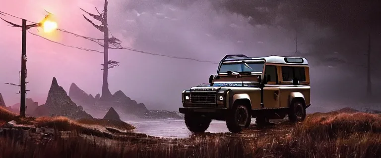 Image similar to Land Rover Defender 110 (1985), an epic fantasy, dramatic lighting, cinematic, establishing shot, extremely high detail, photorealistic, cinematic lighting, artstation, by simon stalenhag, The Elder Scrolls V: Skyrim, High Hrothgar