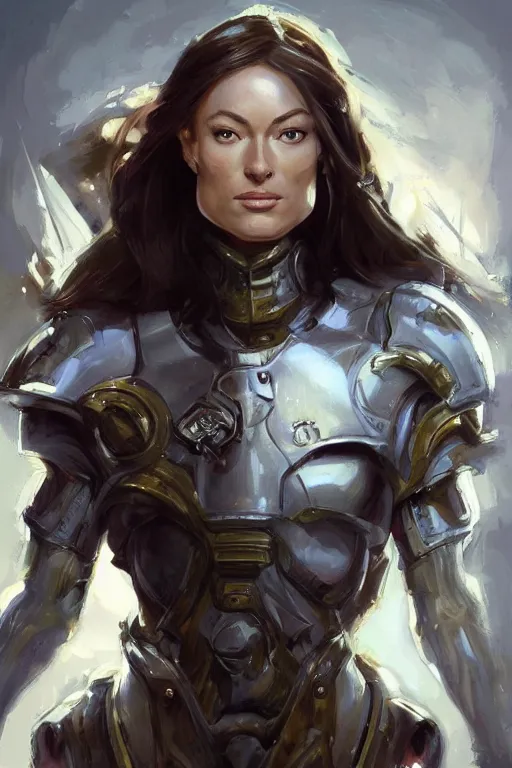 Image similar to a professional painting of a young Olivia Wilde, clothes in military armor, olive skin, long dark hair, beautiful bone structure, symmetrical facial features, intricate, elegant, digital painting, concept art, smooth, sharp focus, illustration, from StarCraft by Ruan Jia and Mandy Jurgens and Artgerm and William-Adolphe Bouguerea