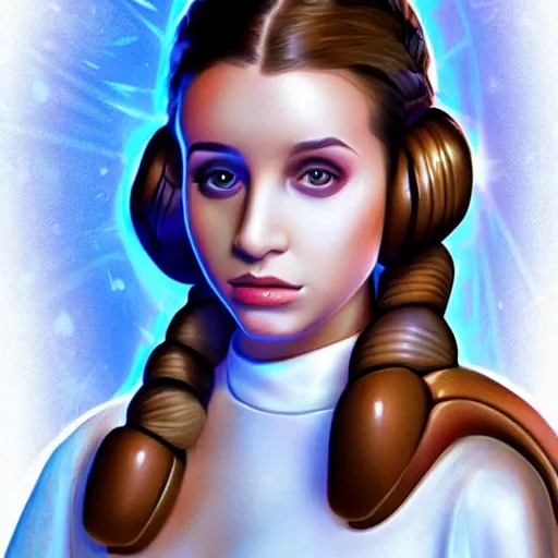 Prompt: portrait of a young and beautiful princess leia doing a duckface!!!!, in a light white dress, digital art, golden hour, smooth, extremely detailed