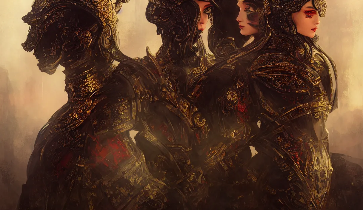 Image similar to portrait knights of zodiac girl + smoky eyes, black and red reflected armor, in ruined agora of athens, black magic night, ssci - fi, fantasy, intricate, very very beautiful, elegant, golden light, highly detailed, digital painting, artstation, concept art, smooth, sharp focus, illustration, art by tian zi and wlop and alphonse mucha