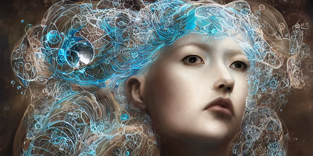 Prompt: hyperrealistic solarpunk photography of a highly detailed and symmetrical gorgeous andriod nymph looking upwards through bubbles in the style of beth cavener, jin kagetsu, james jean and wlop, face symmetry, masterpiece, award - winning, sharp focus, intricate concept art, ambient lighting, 8 k, artstation