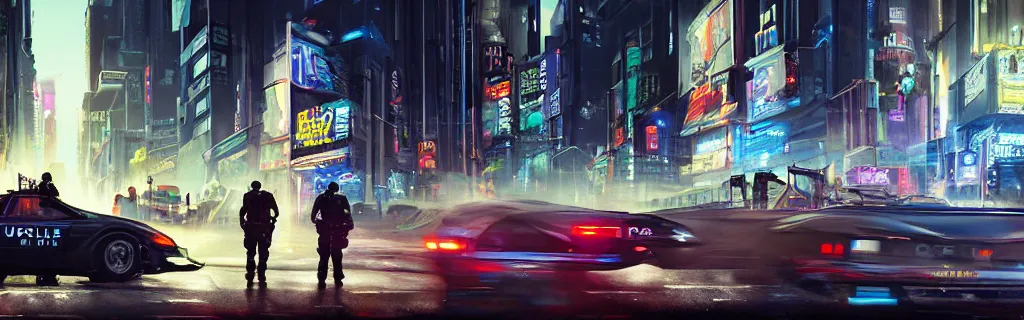 Prompt: a busy cyberpunk street with a heavy police presence. 8 k, epic cinematic hyperrealism masterpiece. realistic poster with shaded lighting by craig mallismo, artgerm, jeremy lipkin and michael garmash, unreal engine, radiant light, detailed and complex environment, digital art, art station trends, detailed, lens flare, motion blur