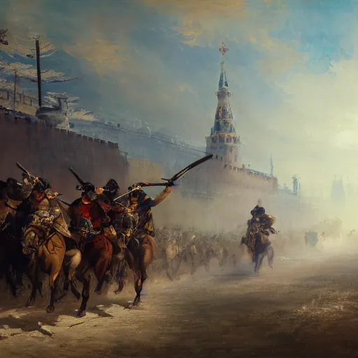 Image similar to highly detailed painting of samurais patrolling moscow, by william turner, by greg rutkowski, by william constable, thick brush strokes and visible paint layers, 4 k resolution