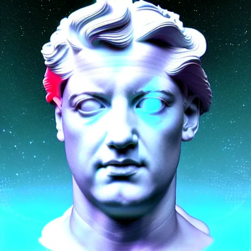 Prompt: 3 d sci - fi cgartist double exposure ambient occlusion rendering of a hyper realistic marble greek statuary bust floating in space, at the vast pulsating interdimensional fractal space portal at the psychedelic vaporwave ombre event horizon by chris moore, by edward hopper, by col price, trending on artstation