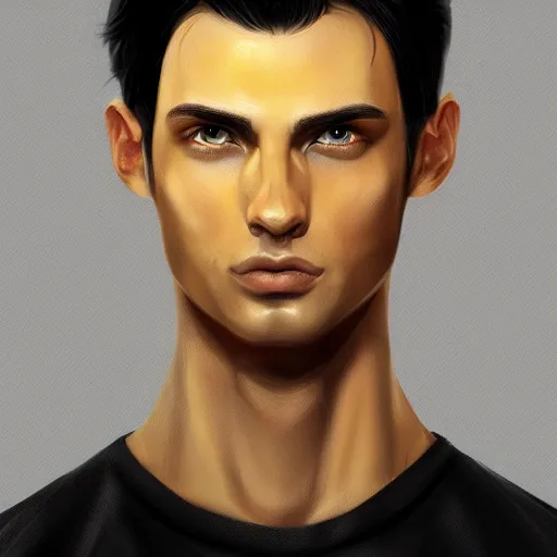 Prompt: ultra realistic illustration, a young man with black hair, in a yellow t - shirt, with blue eyes, highly detailed, digital painting, artstation, concept art, smooth, sharp focus, illustration