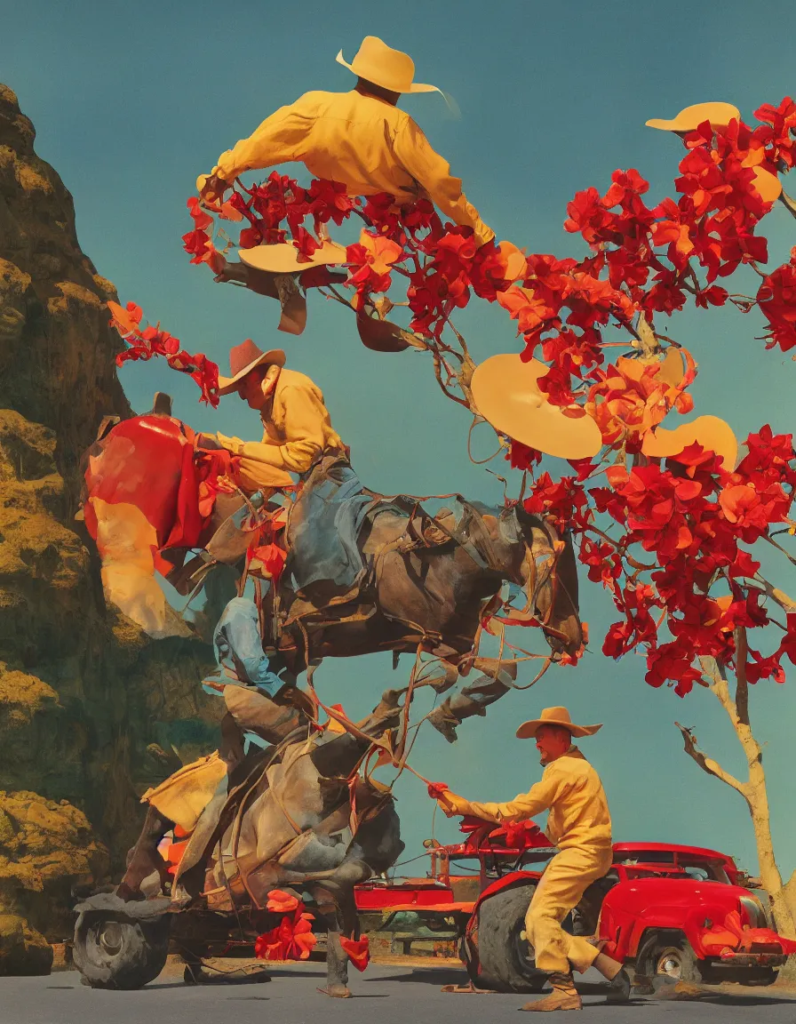 Prompt: a cowboy turning into blooms by slim aarons, by zhang kechun, by lynda benglis. tropical sea slugs, angular sharp tractor tires. complementary colors. warm soft volumetric light. national geographic. 8 k, rendered in octane, smooth gradients. manly cowboy riding by edward hopper and frank frazetta. red accents.