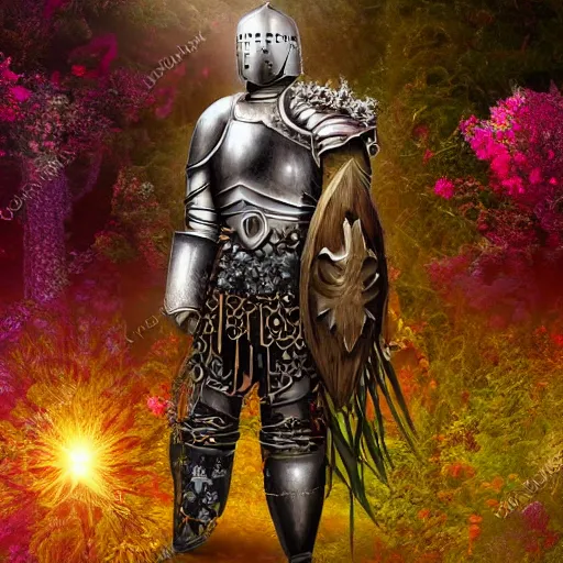 Image similar to half figure shot of a male knight, stern face, clear eyes, shining sword, in a dark forest, shining armour made of steel and flowers, and fractal flowery hair in a fractal garden, glowing delicate flower, berries and ferns that grow in a dark fantasy forest, clear face, peaceful face,