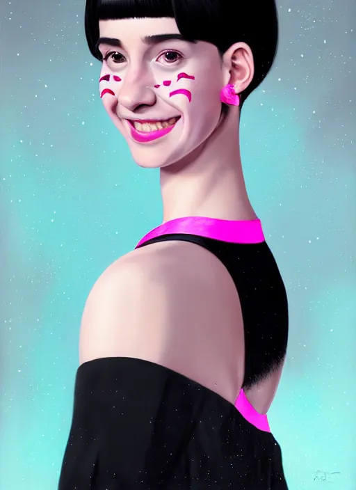 Image similar to portrait of high school girl, realistic, black hair, bangs, half updo hairstyle, pointy nose, skinny, smile, ugly, defined jawline, big chin, pink hair bow, earrings, intricate, elegant, glowing lights, highly detailed, digital painting, artstation, sharp focus, illustration, art by wlop, mars ravelo and greg rutkowski