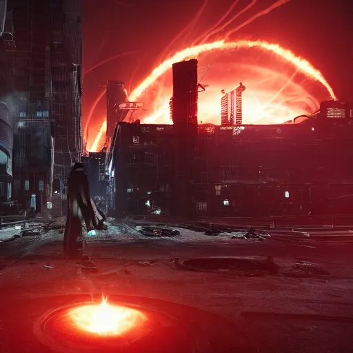 Image similar to a black hole is destroying a gothic cyberpunk City, catastrophic, fire and explosions, the feeling of dread, photorealistic, octane render, unreal engine