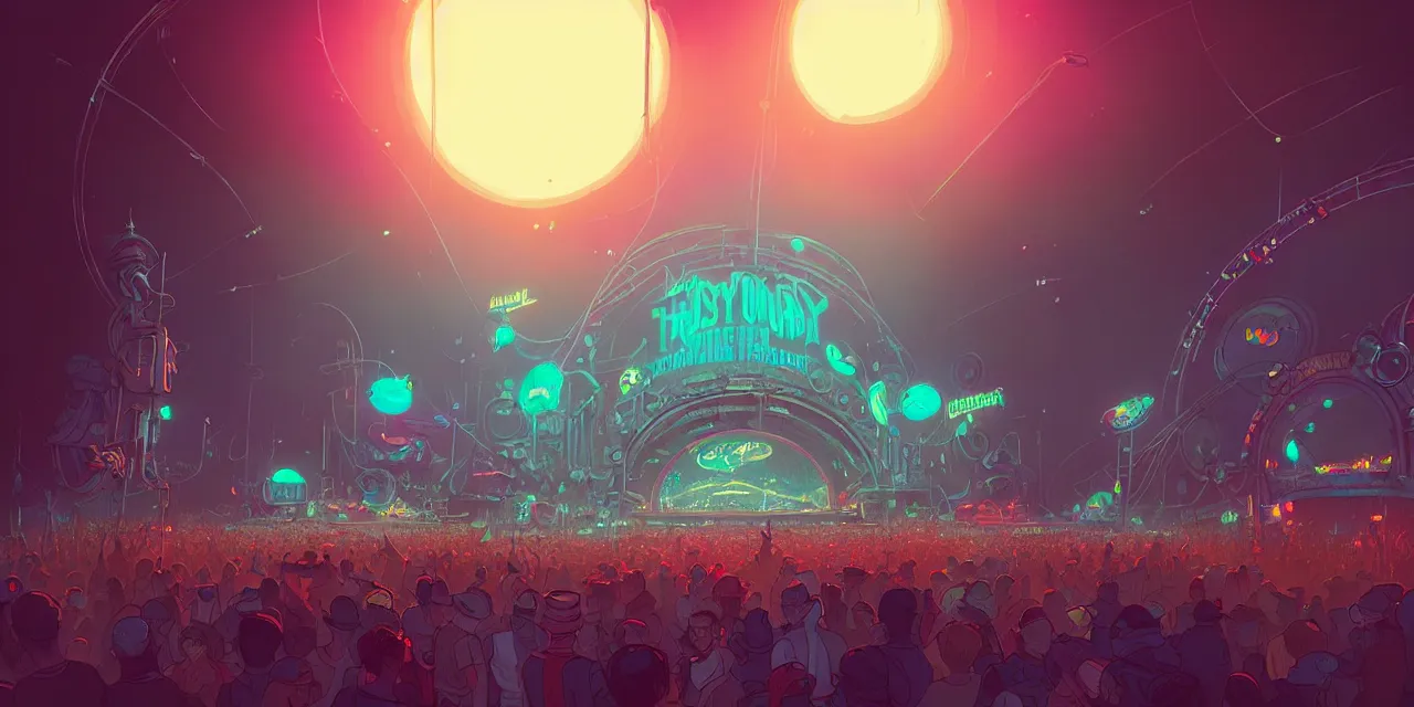 Image similar to tomorrowland, hyper - realistic detailed music festival stage, by atey ghailan, by greg rutkowski, by greg tocchini, by james gilleard, by joe fenton, by kaethe butcher, dynamic lighting, neon cinematic lighting color scheme, white lighting, grunge aesthetic