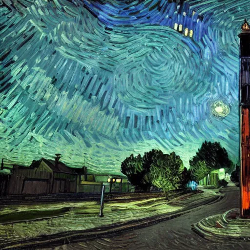 Image similar to light pole at night. nostalgic. bike. empty road. van gogh style. dark colors. high contarst light